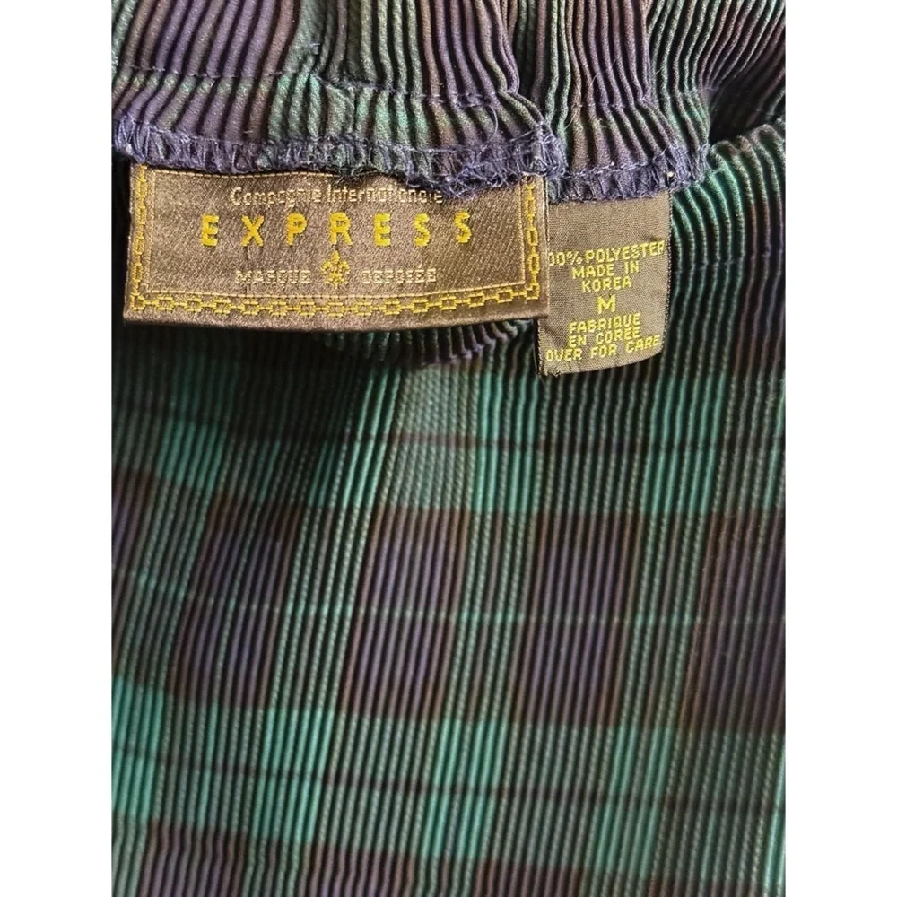 Vintage Express Pleated Elastic Waist Skirt in Green Plaid